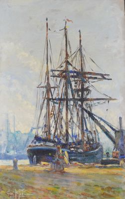 tableau représentant un bateau sur un plan d'eau près d'un quai
