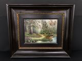 a picture of a painting of a river in a forest