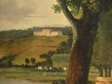 an image of a painting of a man and a woman sitting on a bench by a river