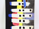 abstract painting of a group of people standing in a line on a black and white background