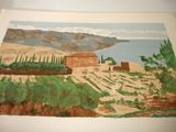 a picture of a painting of a house on a hill
