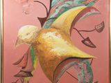 an oil painting of a bird on a pink background with a full moon in the background