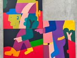 three paintings of people with different colors and shapes on a wall