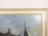 a painting of a church with a steeple in the background