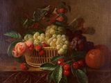painting of a basket of fruit on a table with cherries, peaches, grapes, and plums