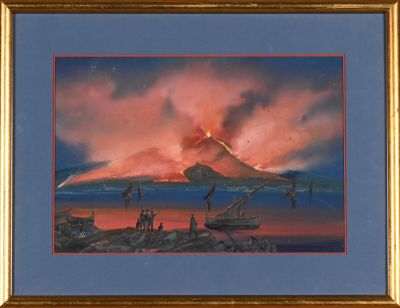 peinture représentant un volcan jaillissant de l'océan au coucher du soleil
