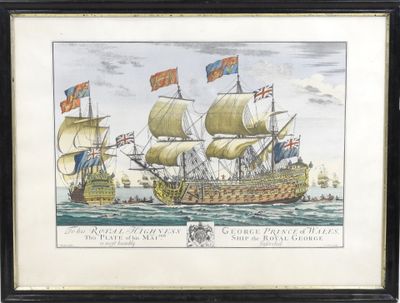 an old print of a ship in the ocean with flags on it