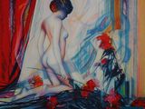 tableau représentant une femme assise sur un lit, avec des fleurs devant elle