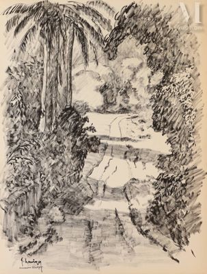 une image représentant un dessin d'un palmier au milieu d'un jardin