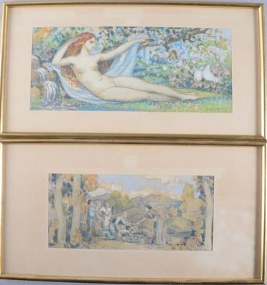 two framed pictures of a woman sitting on a bench in a garden