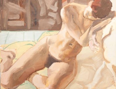 a painting of a nude woman laying on a bed