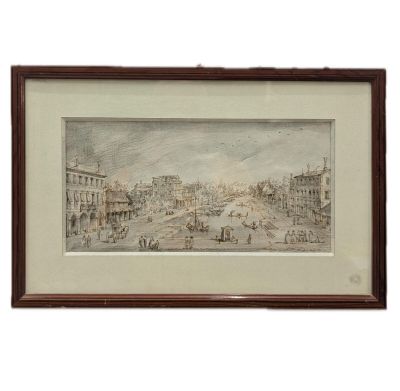 un dessin représentant une vue de ville avec des bateaux et des bâtiments