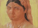 tableau représentant une femme portant un turban, sur fond jaune