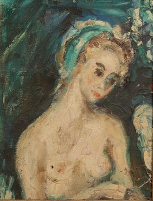 une image représentant un tableau d'une femme avec une serviette sur la tête