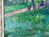 an oil painting of a couple sitting under a tree in a park