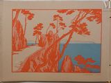 a picture of an orange and blue painting on a wall