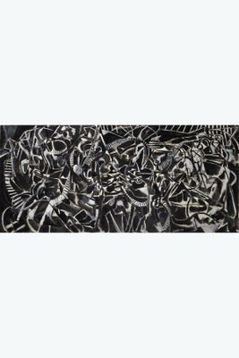 black and white painting of a bunch of skulls on a wall