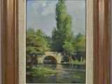 an oil painting of a bridge over a river with trees in the background