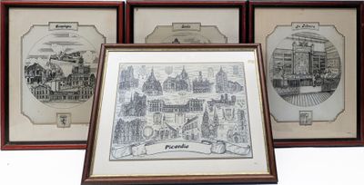 trois photos encadrées représentant une ville avec une horloge et une photo d'un bâtiment