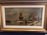 une peinture à l'huile représentant un moulin à vent par temps enneigé, au bord d'un plan d'eau