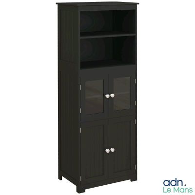 un gros plan d'une armoire noire à deux portes et une étagère