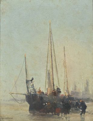 painting of a group of people standing around a boat on a body of water