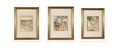 three framed paintings of a group of people on a white background