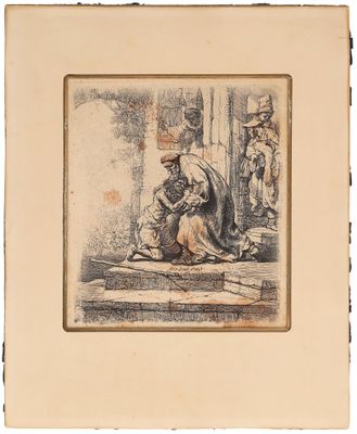 un vieux dessin représentant une femme assise sur un rebord, à côté d'une statue