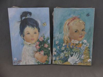 deux tableaux représentant des enfants, ornés de fleurs et de papillons