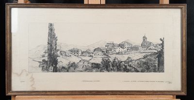 un vieux dessin représentant un paysage avec une église en arrière-plan