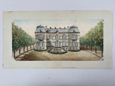 tableau représentant une grande maison avec une fontaine devant