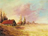 une peinture à l'huile représentant une scène de vie à la ferme avec un toit rouge