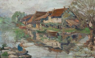 un tableau représentant un homme assis sur un rocher au bord d'une rivière
