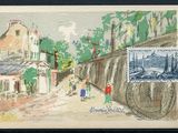 an old postcard with a painting of a street scene and a bicycle