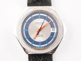 a watch that is sitting on a black leather strap