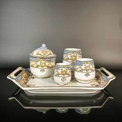 a tray with cups and saucers on it on a table