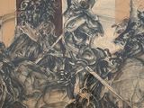 a drawing of a man riding on a horse with other men