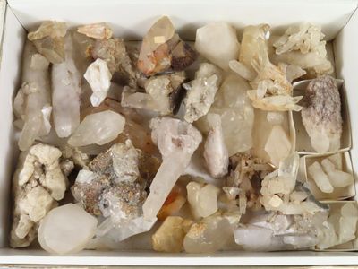 une boîte blanche remplie de nombreuses sortes de pierres différentes