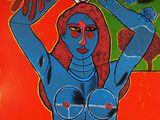 une image d'une peinture représentant une femme avec un oiseau sur la tête