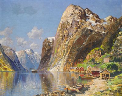 un tableau représentant un paysage de montagne avec un bateau sur l'eau
