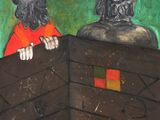 painting of two men in top hats and tails holding a wooden box