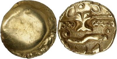 a close up of a gold coin with a bird on it