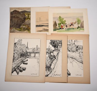 four drawings of a river, a bridge, a house, and a tree