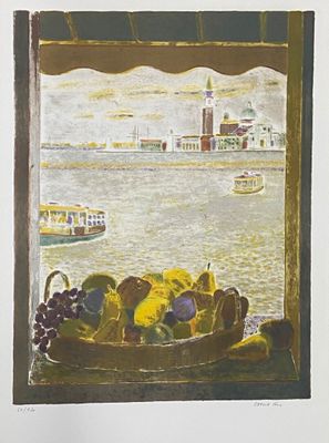 un tableau représentant un bol de fruits posé sur un rebord de fenêtre