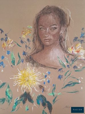 tableau représentant une femme entourée de fleurs sur un fond beige