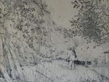 un dessin en noir et blanc représentant un arbre et un banc