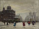 un tableau représentant une scène de rue avec des passants marchant dans la neige
