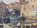 painting of a man sitting in a rowboat in a harbor
