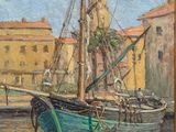 une peinture représentant un bateau dans un port avec des bâtiments à l'arrière-plan