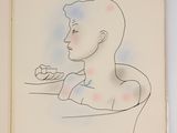 a drawing of a man sitting at a table with a plate of food